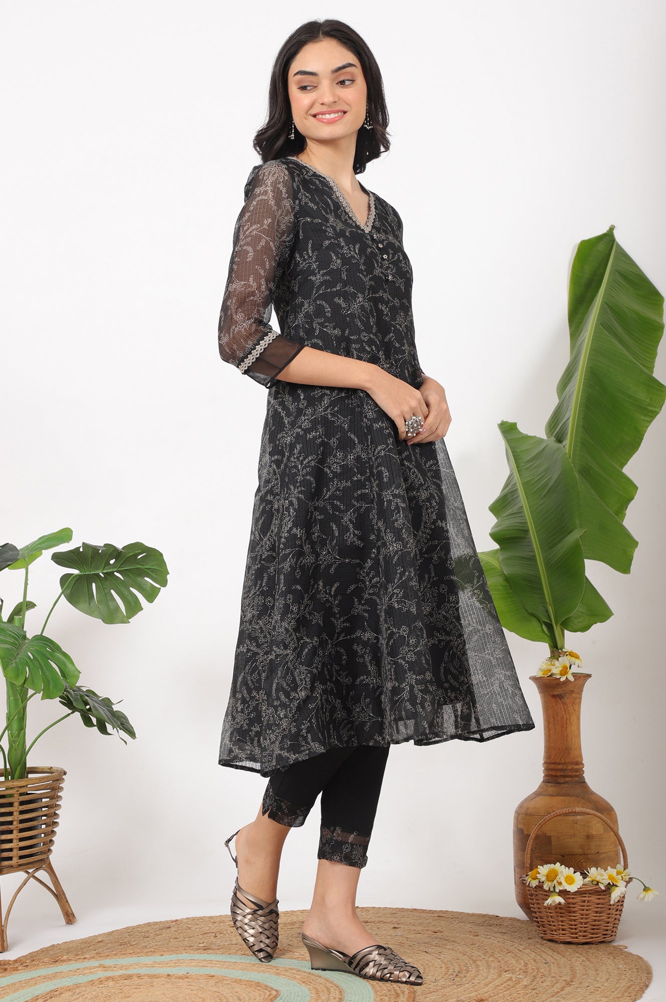 Black Floral Printed Kota A-line Kurta, Pants and Dupatta Set