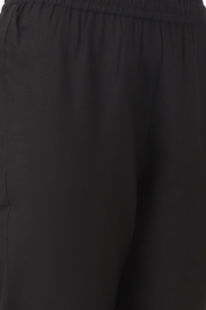 Black Floral Printed Kota A-line Kurta, Pants and Dupatta Set