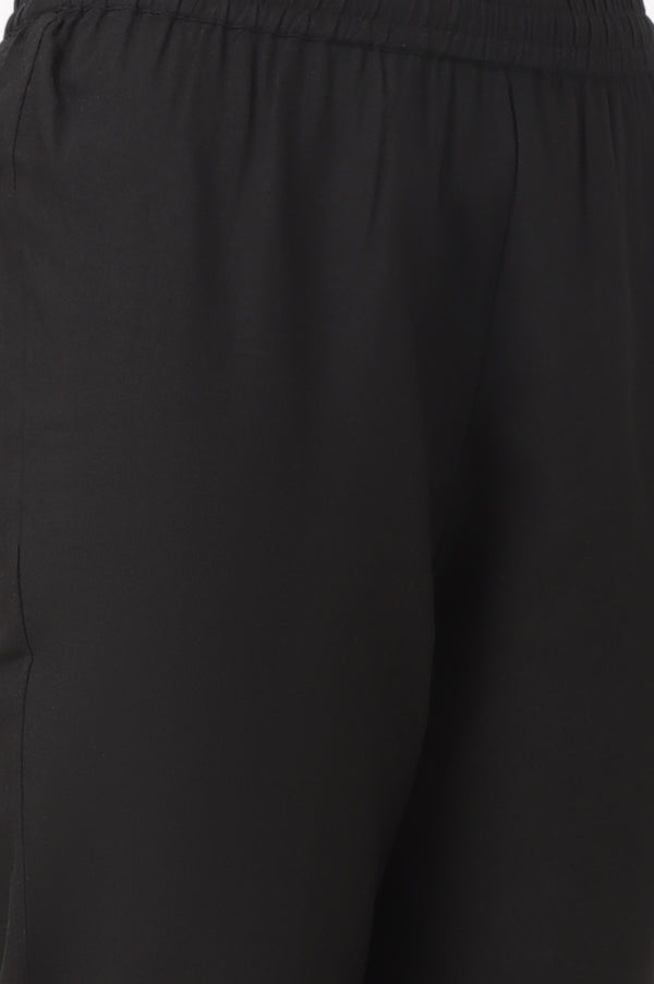 Black Floral Printed Kota A-line Kurta, Pants and Dupatta Set