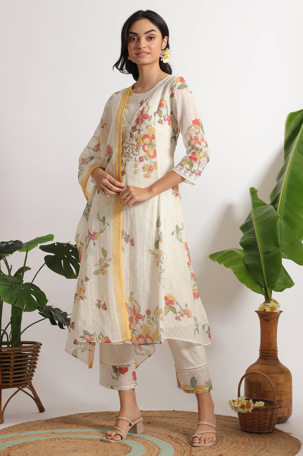White Floral Printed Mock Layered Kota Flared Kurta and Pants Set with Dupatta