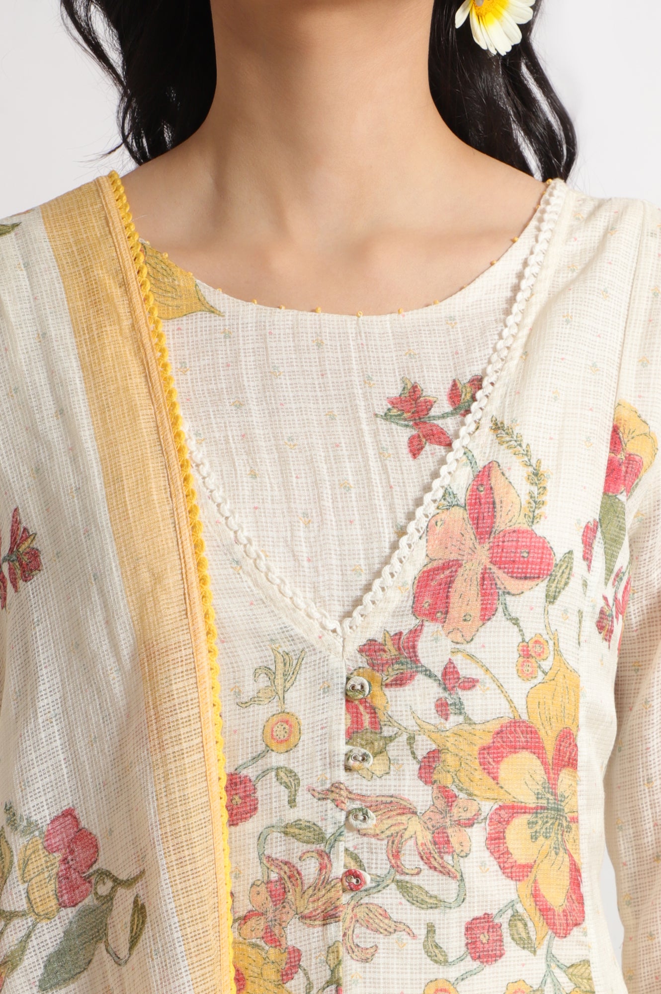 White Floral Printed Mock Layered Kota Flared Kurta and Pants Set with Dupatta