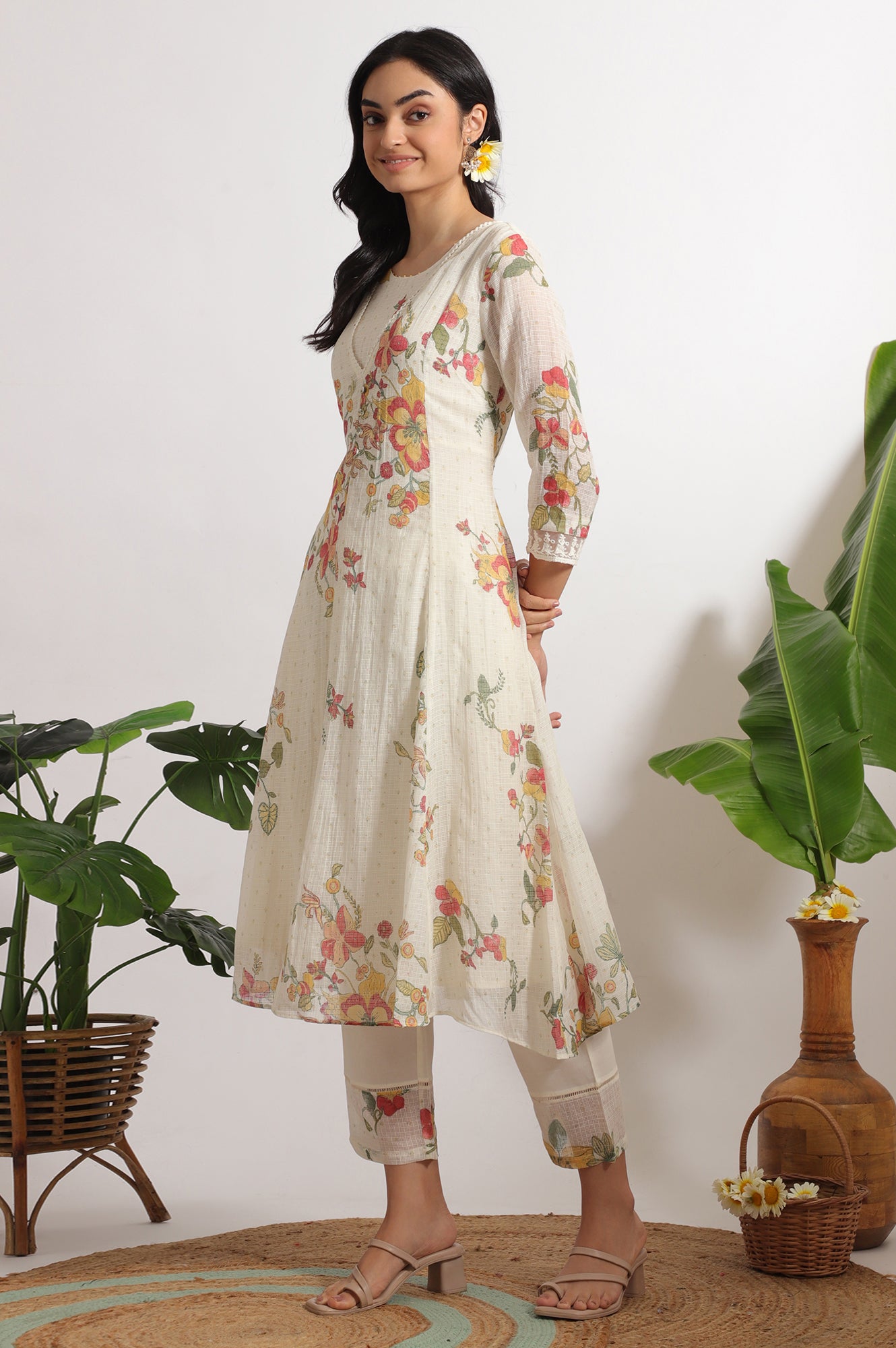 White Floral Printed Mock Layered Kota Flared Kurta and Pants Set with Dupatta
