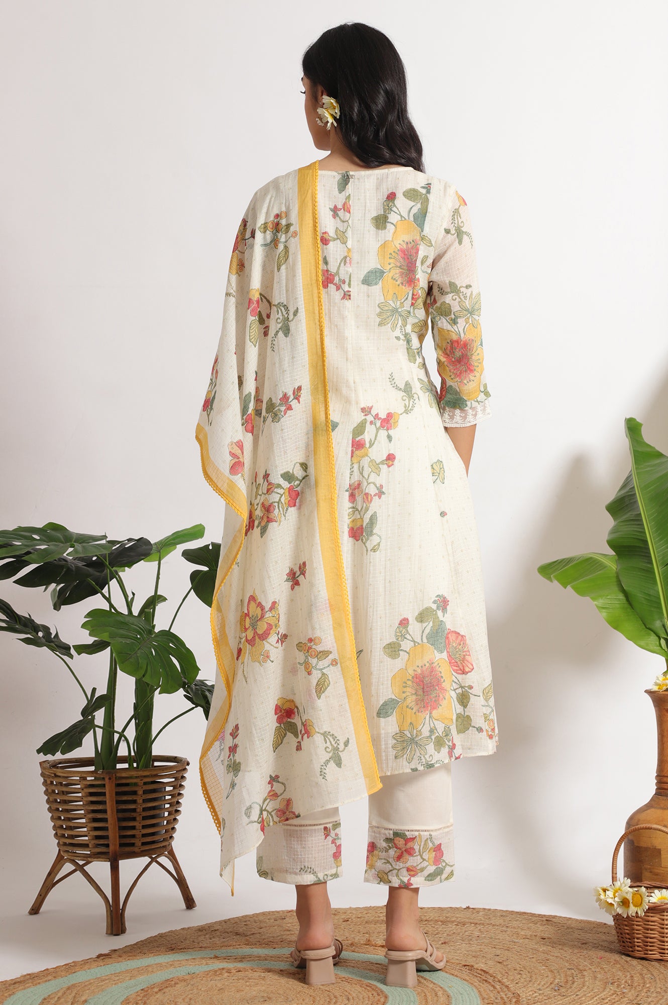 White Floral Printed Mock Layered Kota Flared Kurta and Pants Set with Dupatta