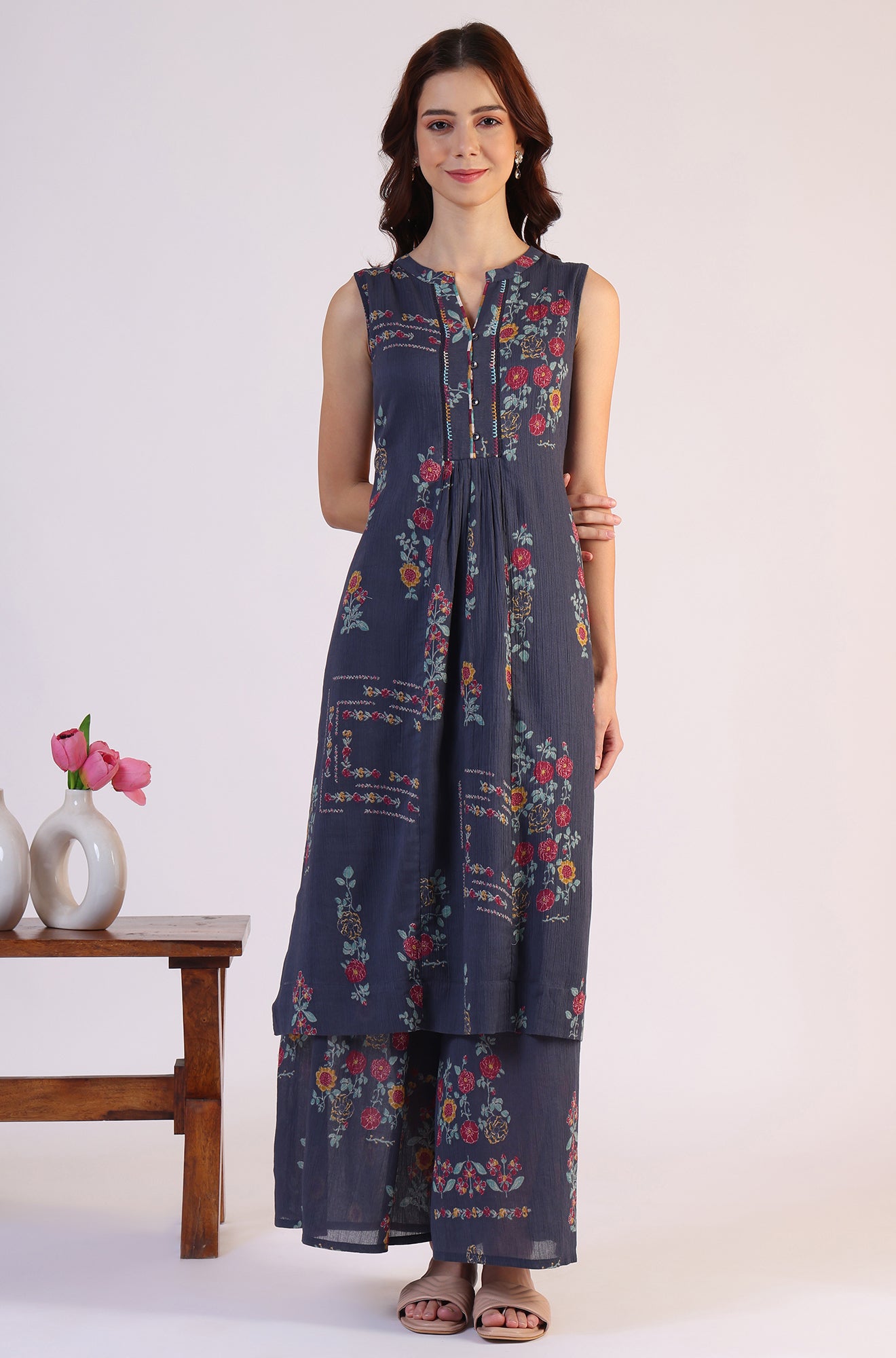 Floral Printed A-line Pure Cotton Kurta &amp; Parallel Pants Set