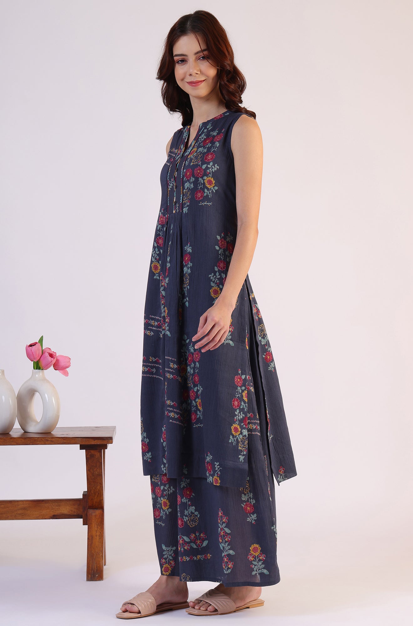 Floral Printed A-line Pure Cotton Kurta &amp; Parallel Pants Set