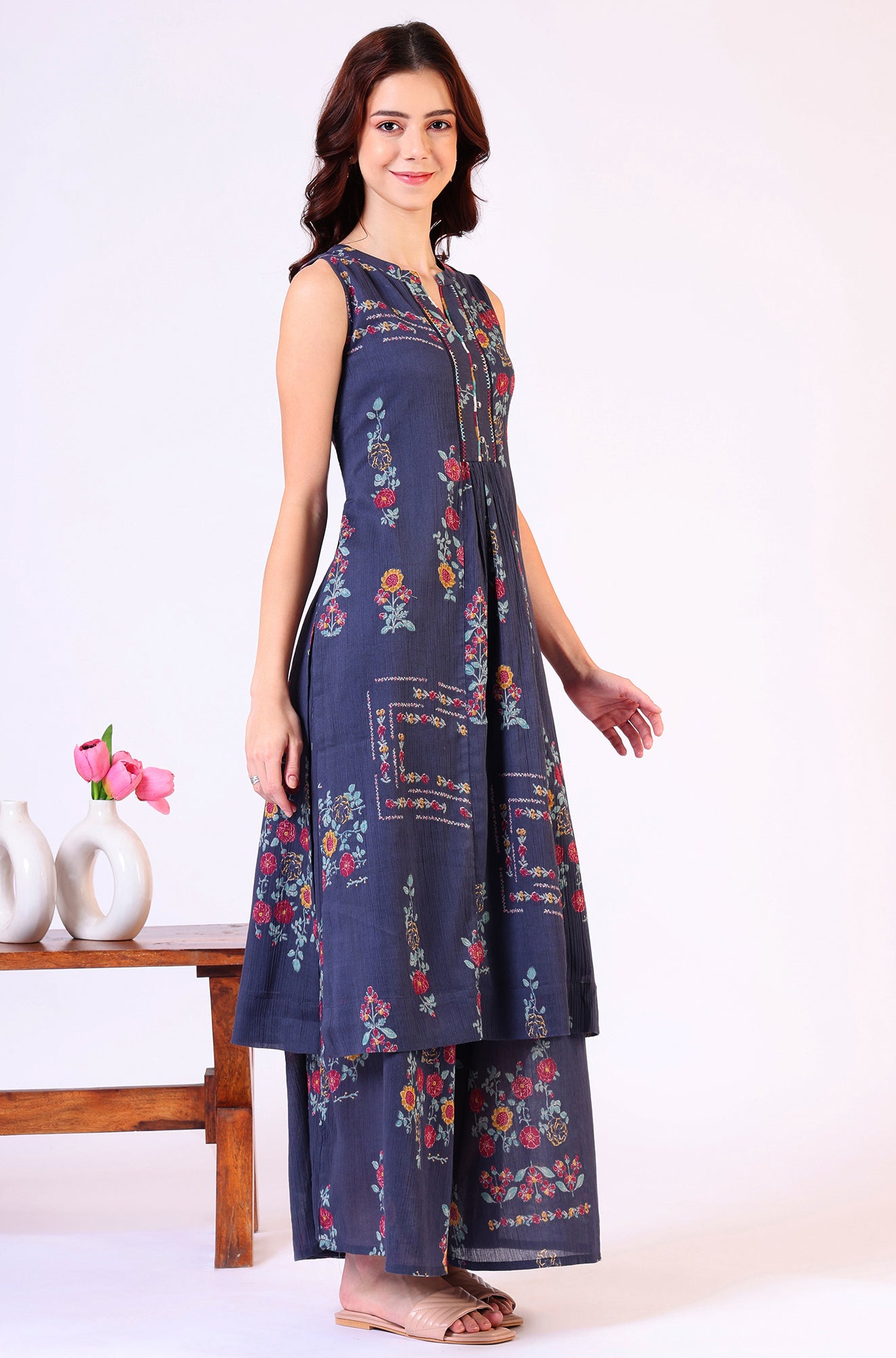 Floral Printed A-line Pure Cotton Kurta &amp; Parallel Pants Set
