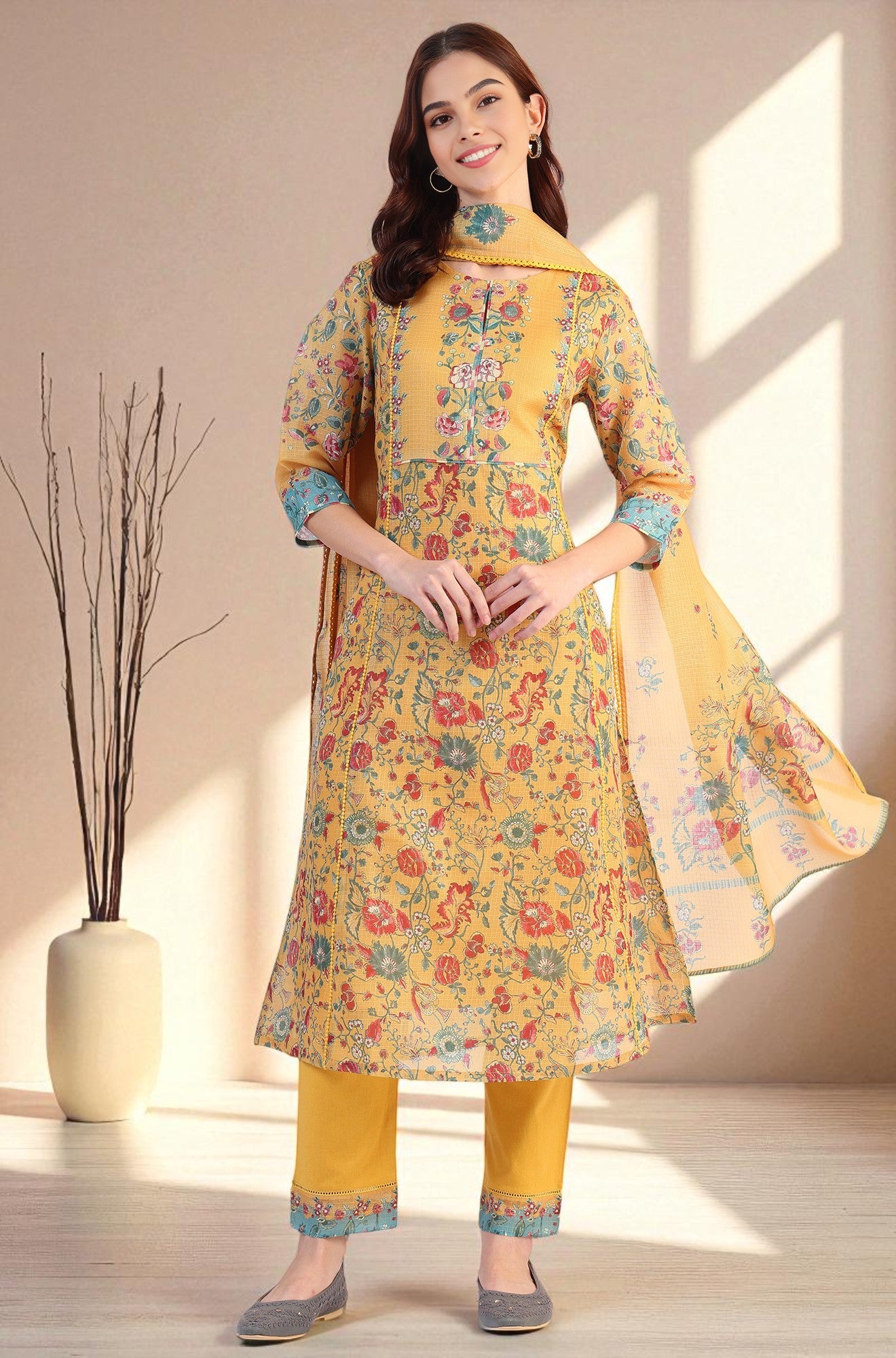 Yellow Floral Printed Flared Kota Kurta &amp; Slim Pants With Dupatta Set