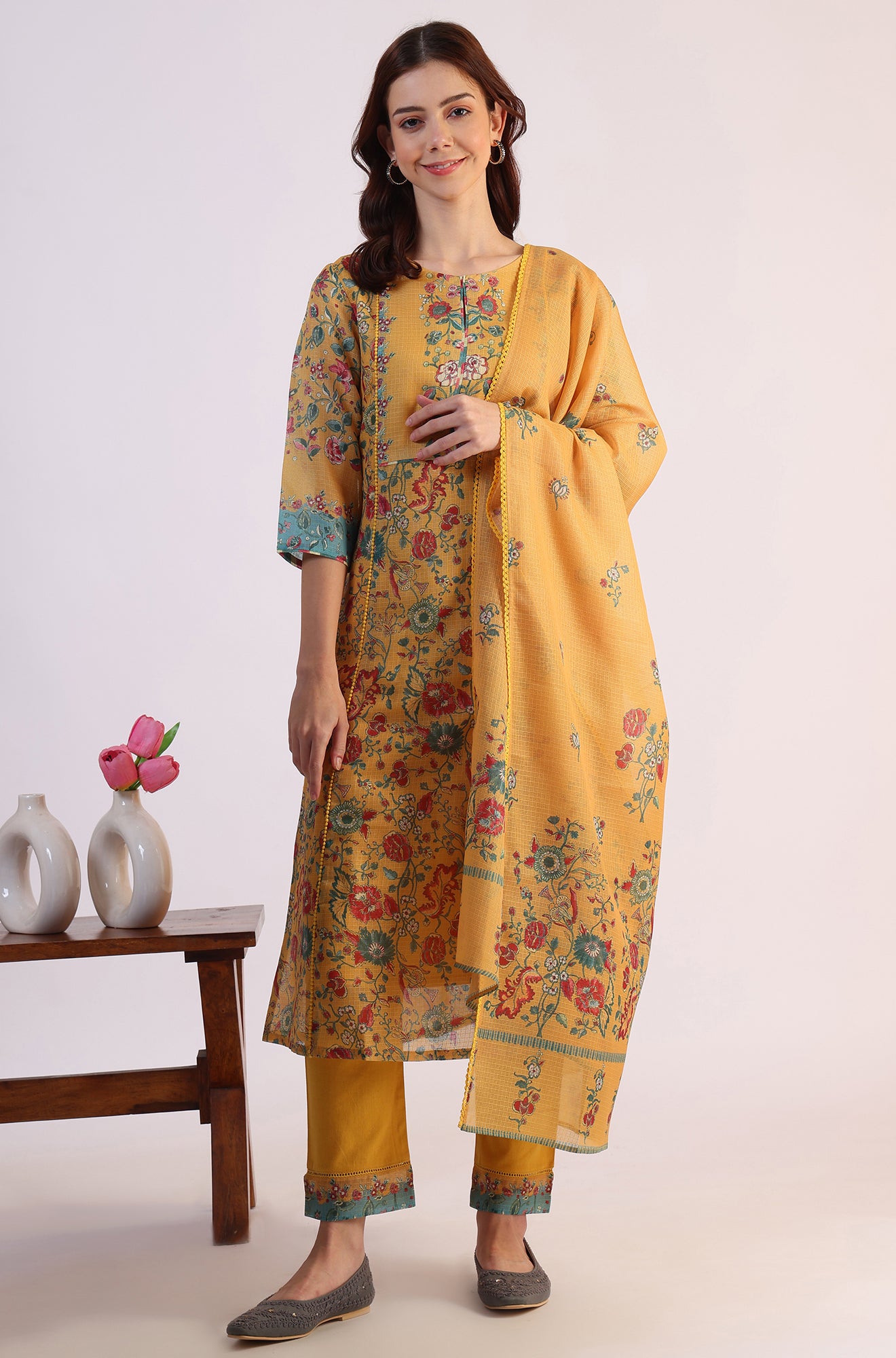 Yellow Floral Printed Flared Kota Kurta &amp; Slim Pants With Dupatta Set