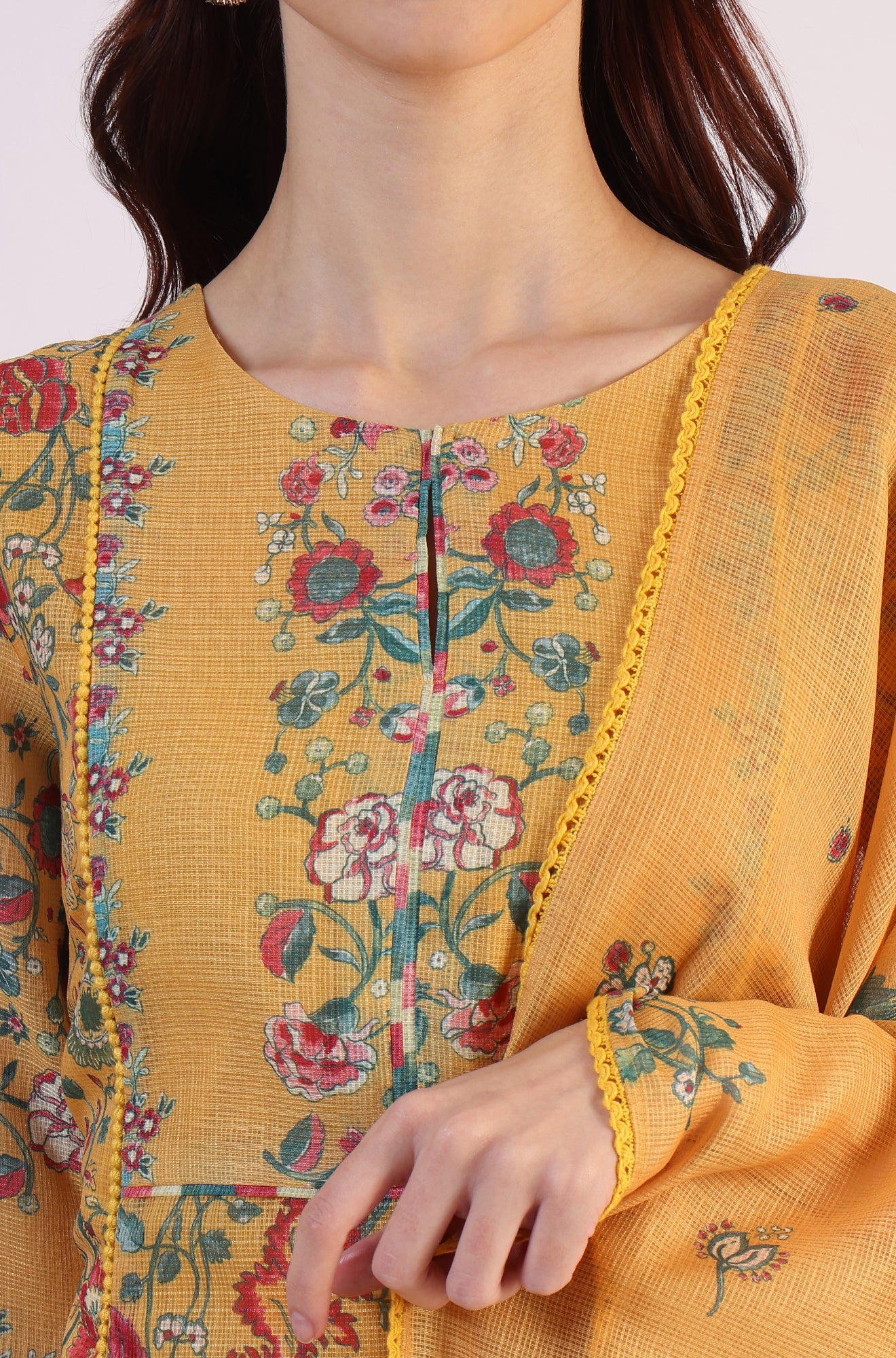 Yellow Floral Printed Flared Kota Kurta &amp; Slim Pants With Dupatta Set