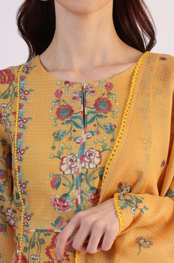 Yellow Floral Printed Flared Kota Kurta & Slim Pants With Dupatta Set