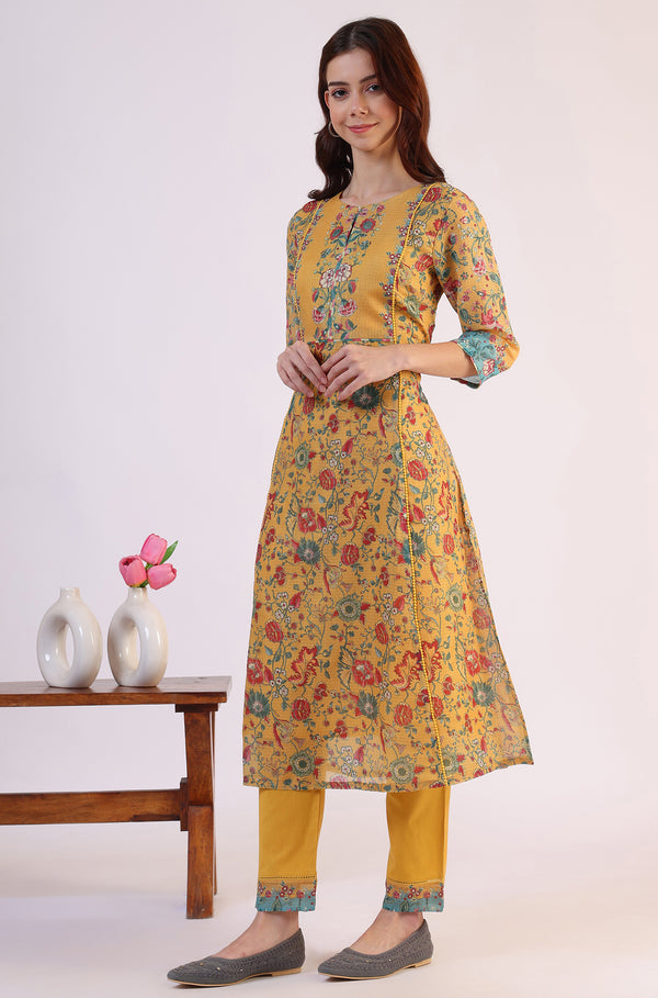 Yellow Floral Printed Flared Kota Kurta & Slim Pants With Dupatta Set