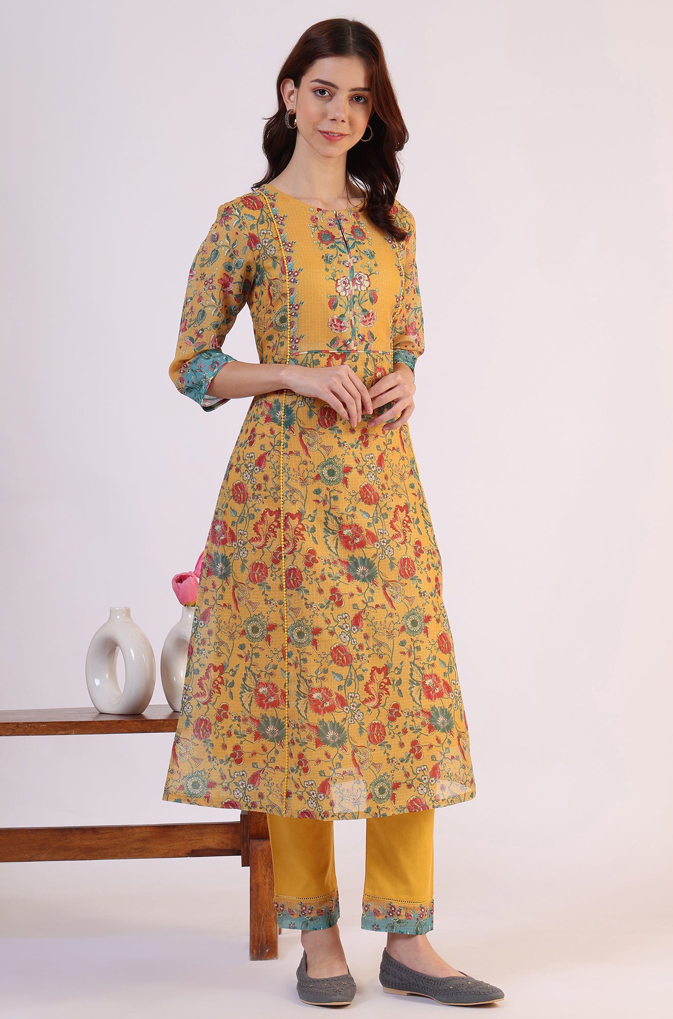 Yellow Floral Printed Flared Kota Kurta &amp; Slim Pants With Dupatta Set
