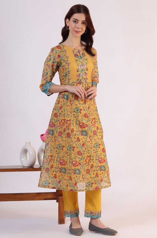 Yellow Floral Printed Flared Kota Kurta & Slim Pants With Dupatta Set
