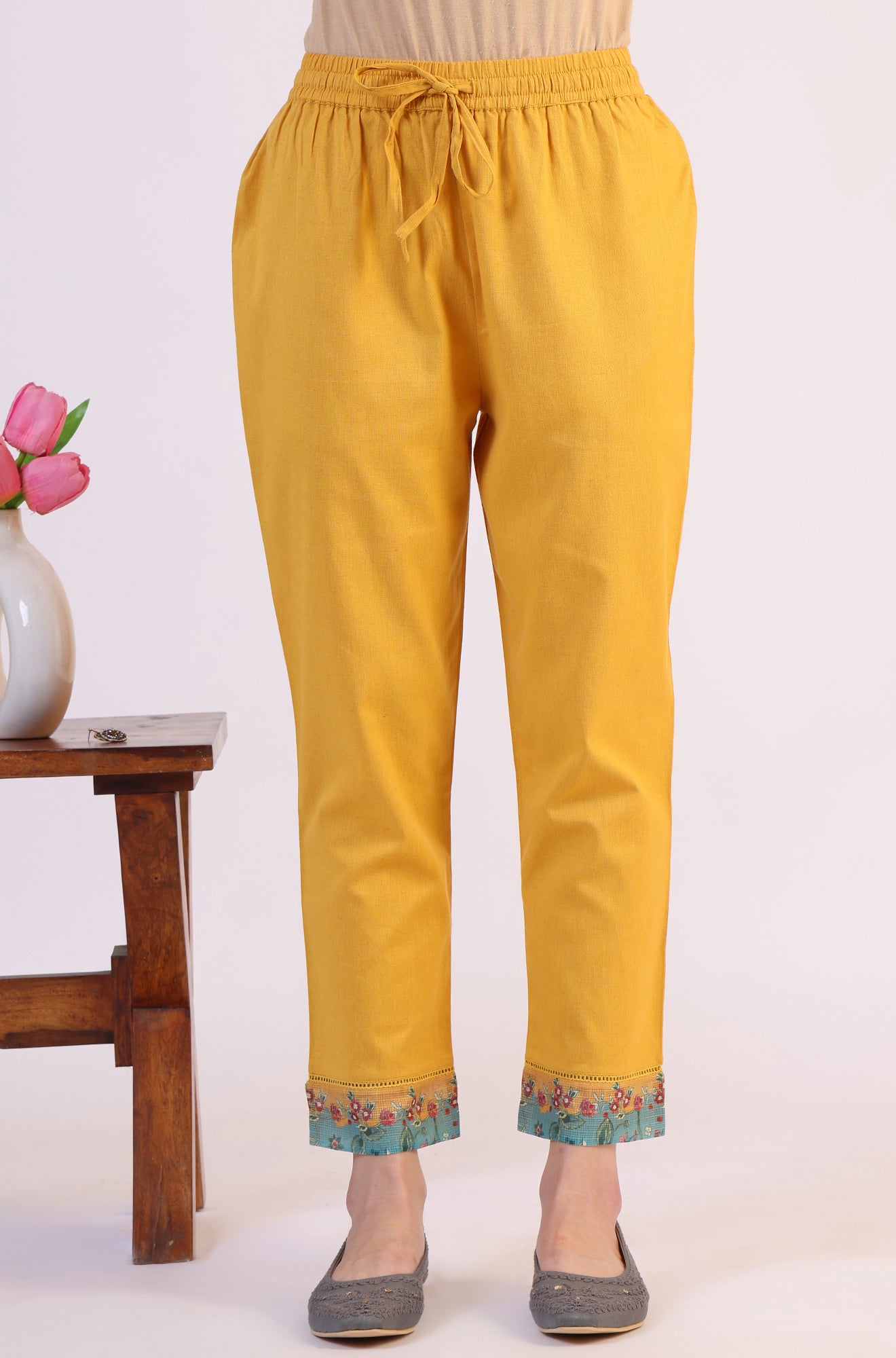 Yellow Floral Printed Flared Kota Kurta &amp; Slim Pants With Dupatta Set