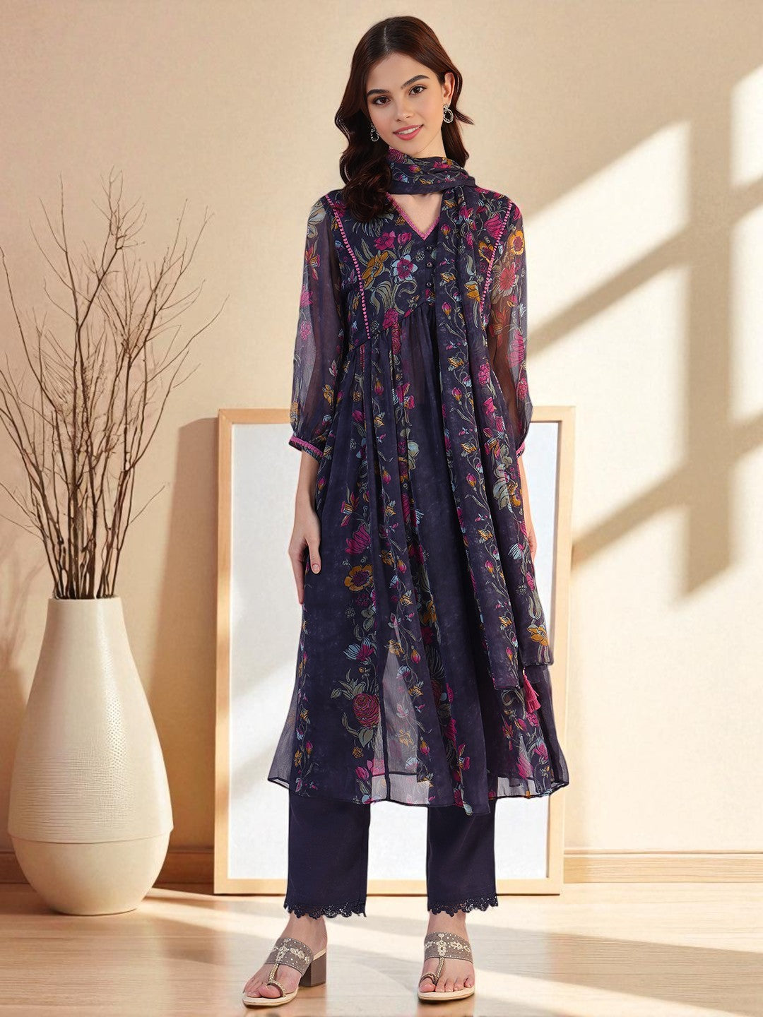 Floral Printed Flared Sheer Kota Kurta & Straight Pant with Dupatta Set - M