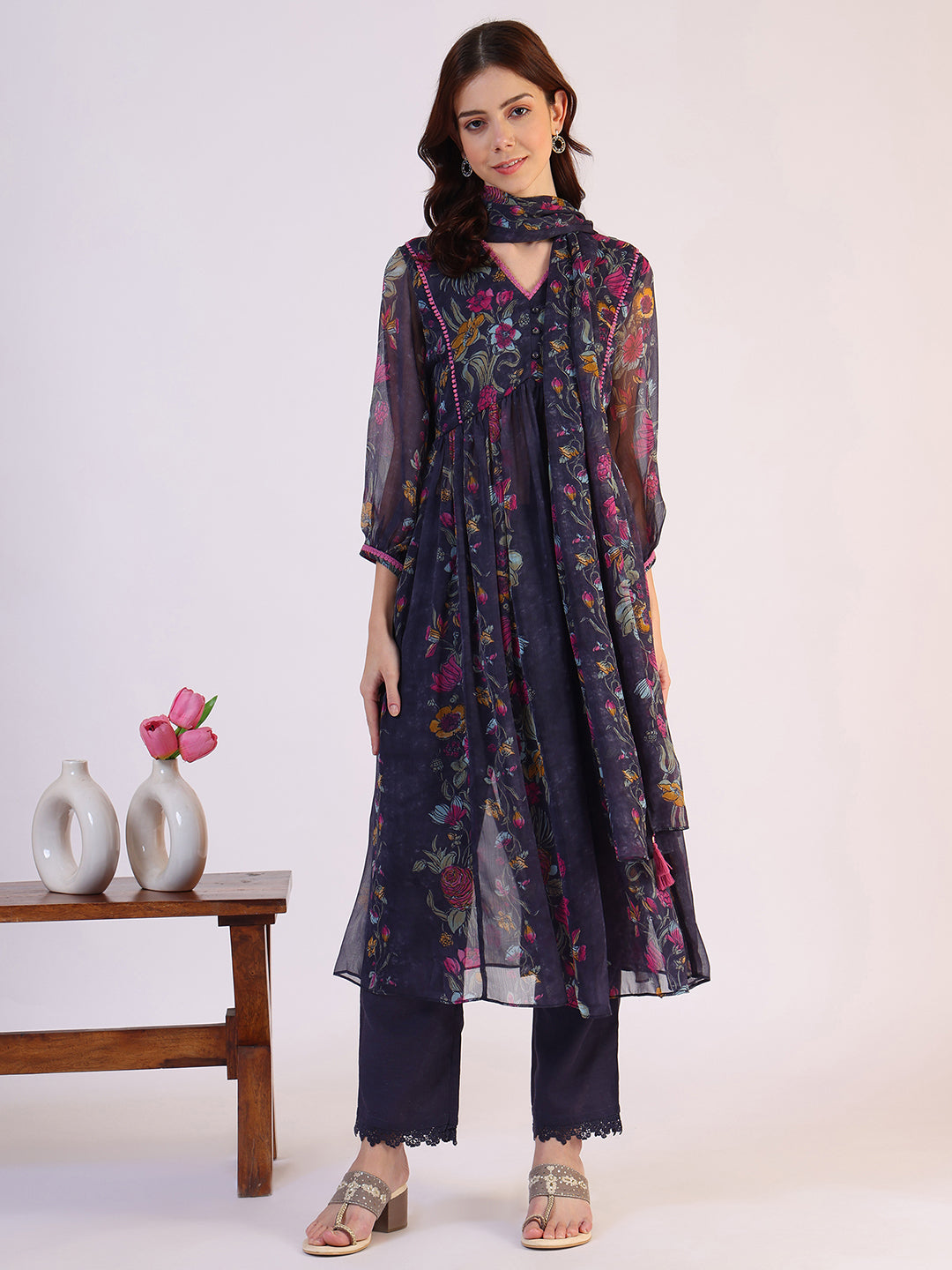 Floral Printed Flared Sheer Kota Kurta &amp; Straight Pant with Dupatta Set