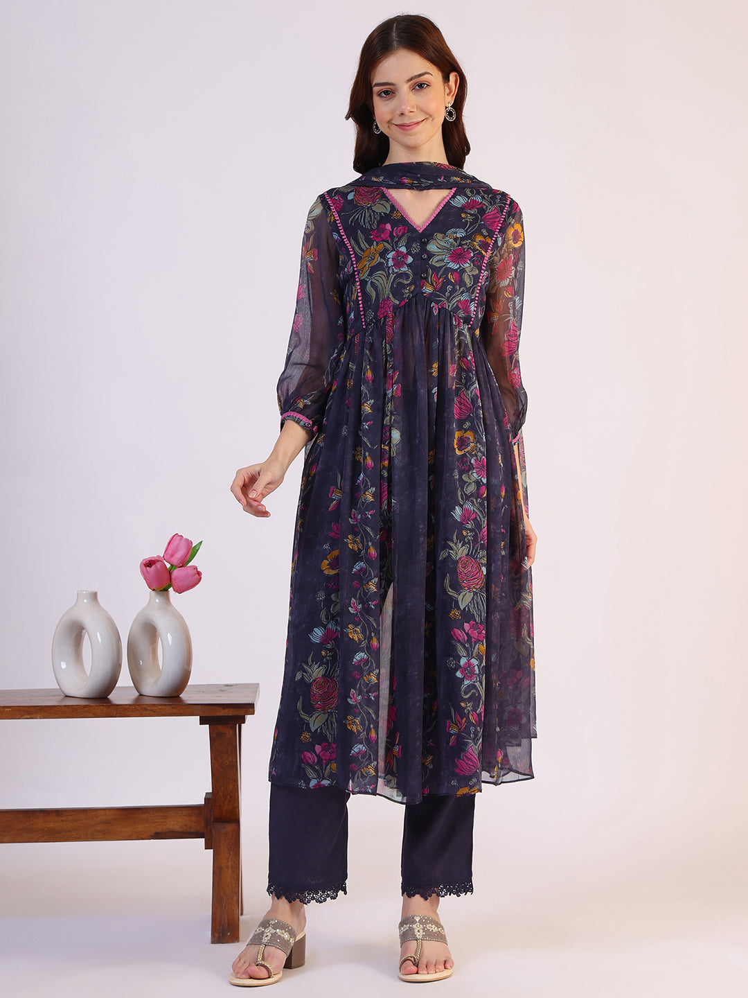 Floral Printed Flared Sheer Kota Kurta &amp; Straight Pant with Dupatta Set