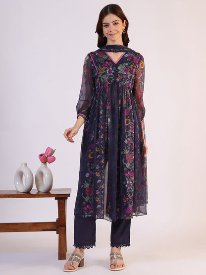 Floral Printed Flared Sheer Kota Kurta &amp; Straight Pant with Dupatta Set