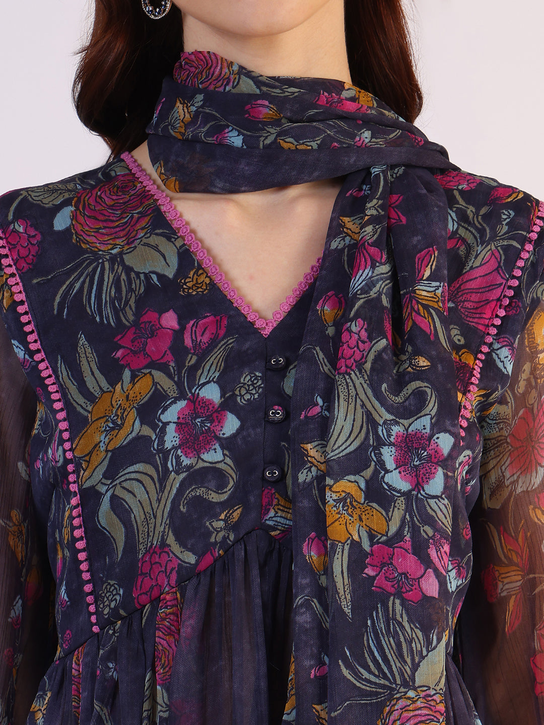 Floral Printed Flared Sheer Kota Kurta &amp; Straight Pant with Dupatta Set