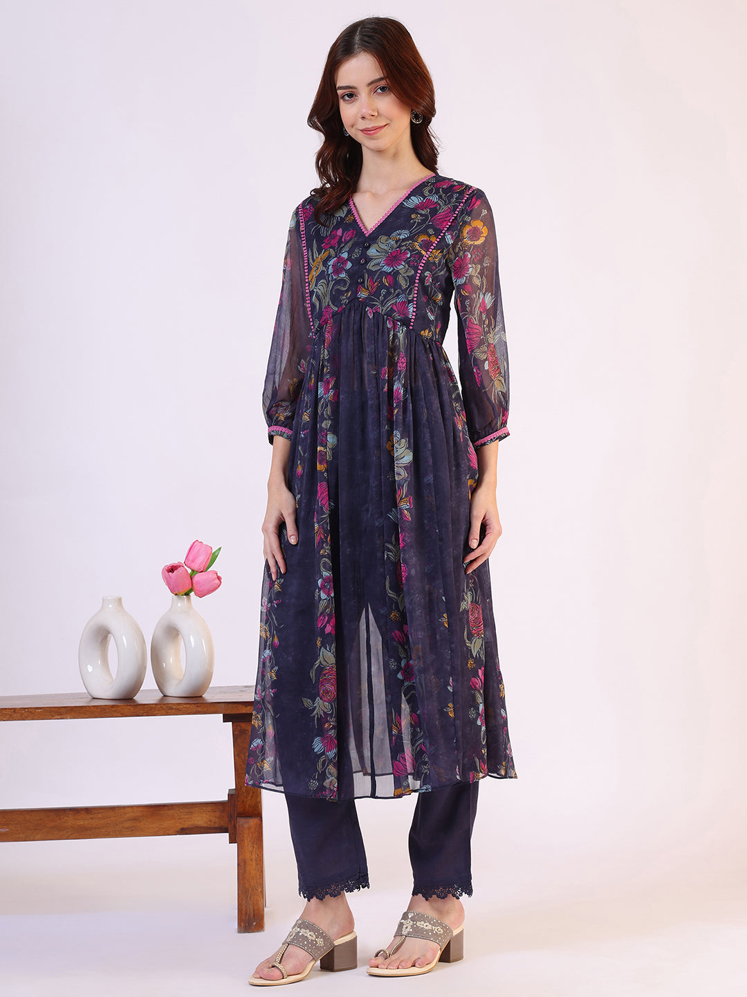 Floral Printed Flared Sheer Kota Kurta &amp; Straight Pant with Dupatta Set