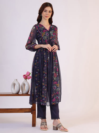 Floral Printed Flared Sheer Kota Kurta &amp; Straight Pant with Dupatta Set