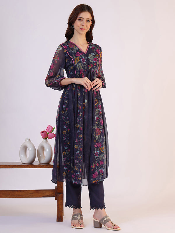 Floral Printed Flared Sheer Kota Kurta & Straight Pant with Dupatta Set