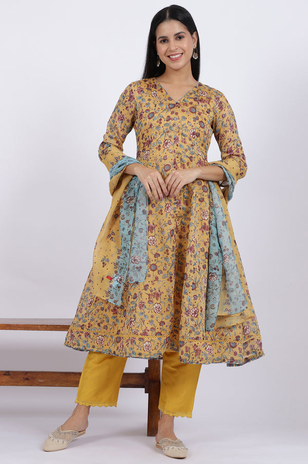 Yellow Floral Printed Chanderi Anarkali Kurta and Pants Set with Dupatta
