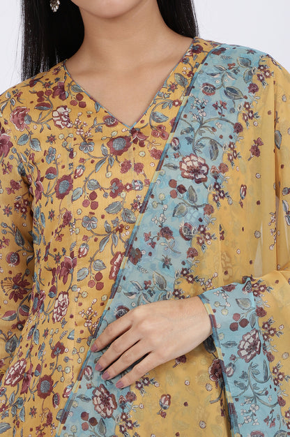 Yellow Floral Printed Chanderi Anarkali Kurta and Pants Set with Dupatta