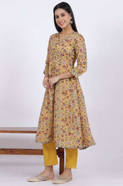 Yellow Floral Printed Chanderi Anarkali Kurta and Pants Set with Dupatta