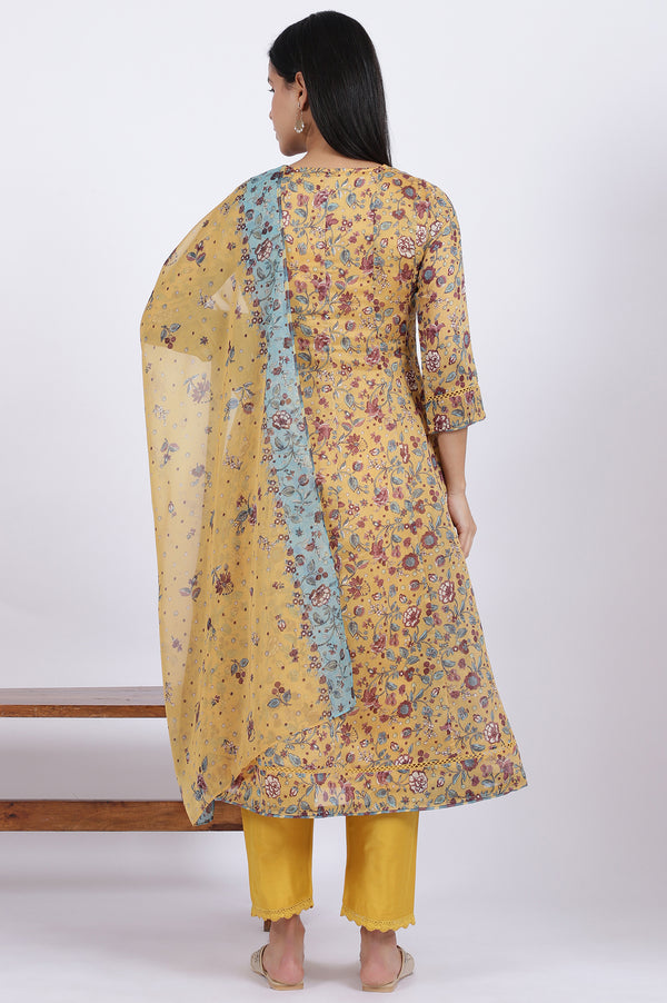 Yellow Floral Printed Chanderi Anarkali Kurta and Pants Set with Dupatta
