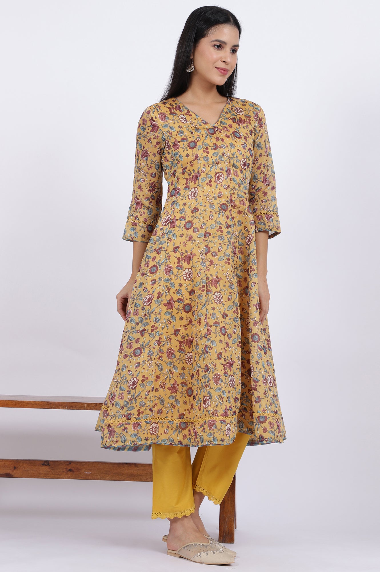 Yellow Floral Printed Chanderi Anarkali Kurta and Pants Set with Dupatta