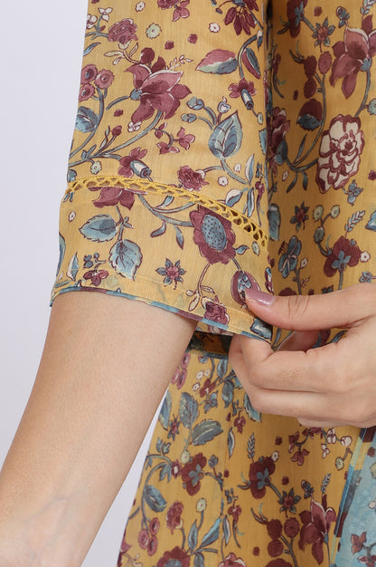 Yellow Floral Printed Chanderi Anarkali Kurta and Pants Set with Dupatta