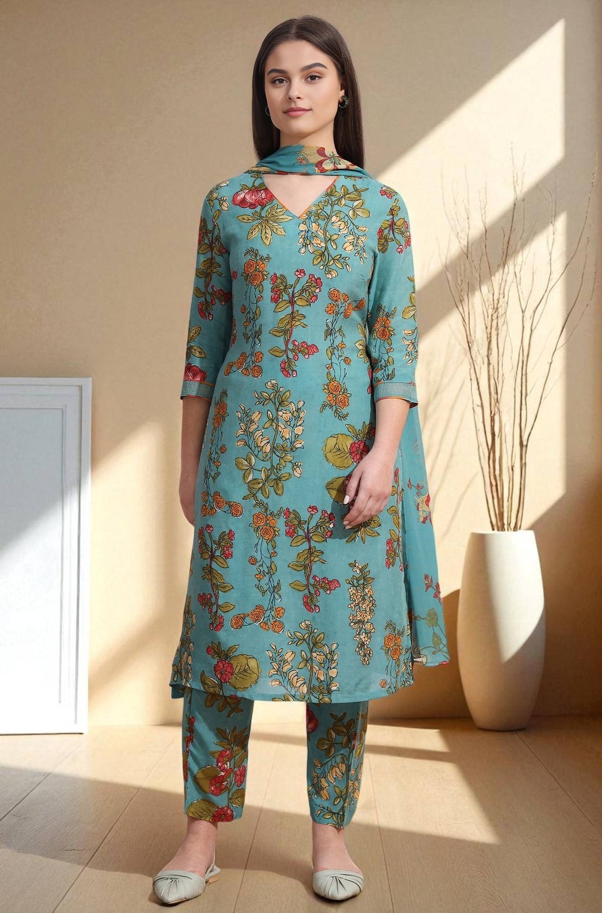 Reef Blue Floral Printed Modal Straight Kurta, Pants and Dupatta Set - XS