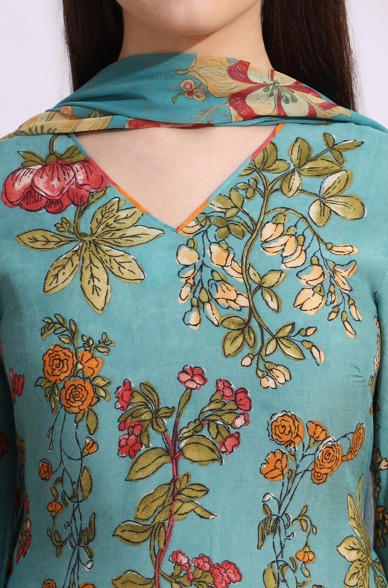 Reef Blue Floral Printed Modal Straight Kurta, Pants and Dupatta Set