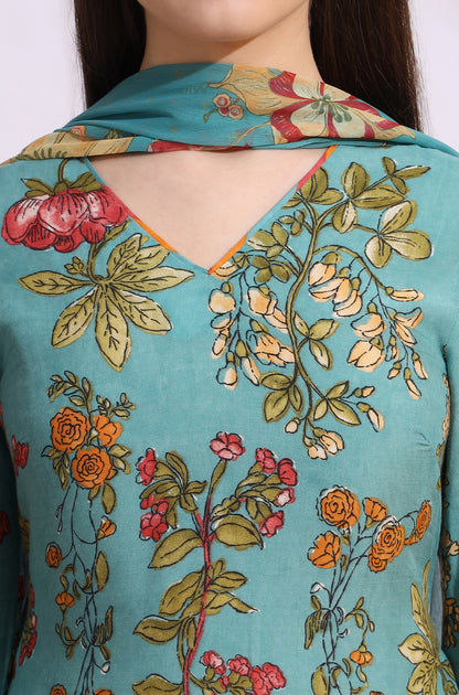 Reef Blue Floral Printed Modal Straight Kurta, Pants and Dupatta Set
