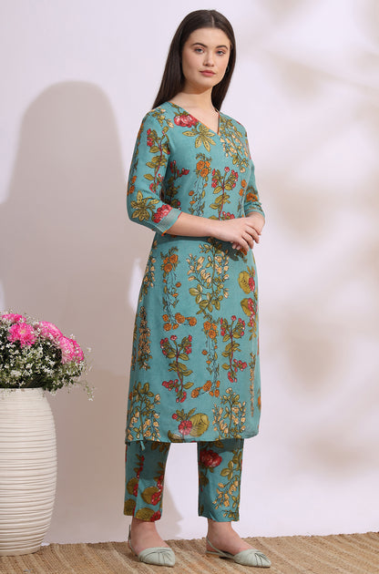 Reef Blue Floral Printed Modal Straight Kurta, Pants and Dupatta Set