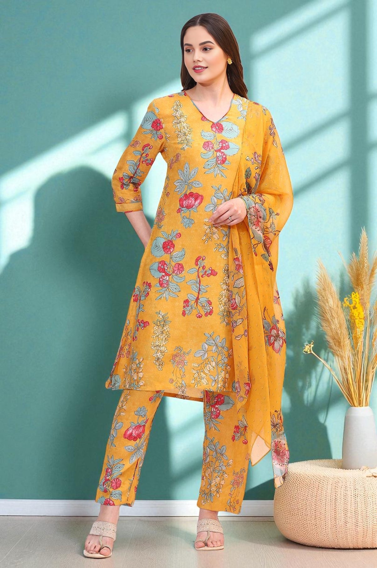 Amber Yellow Floral Printed Modal Straight Kurta, Pants and Dupatta Set - S