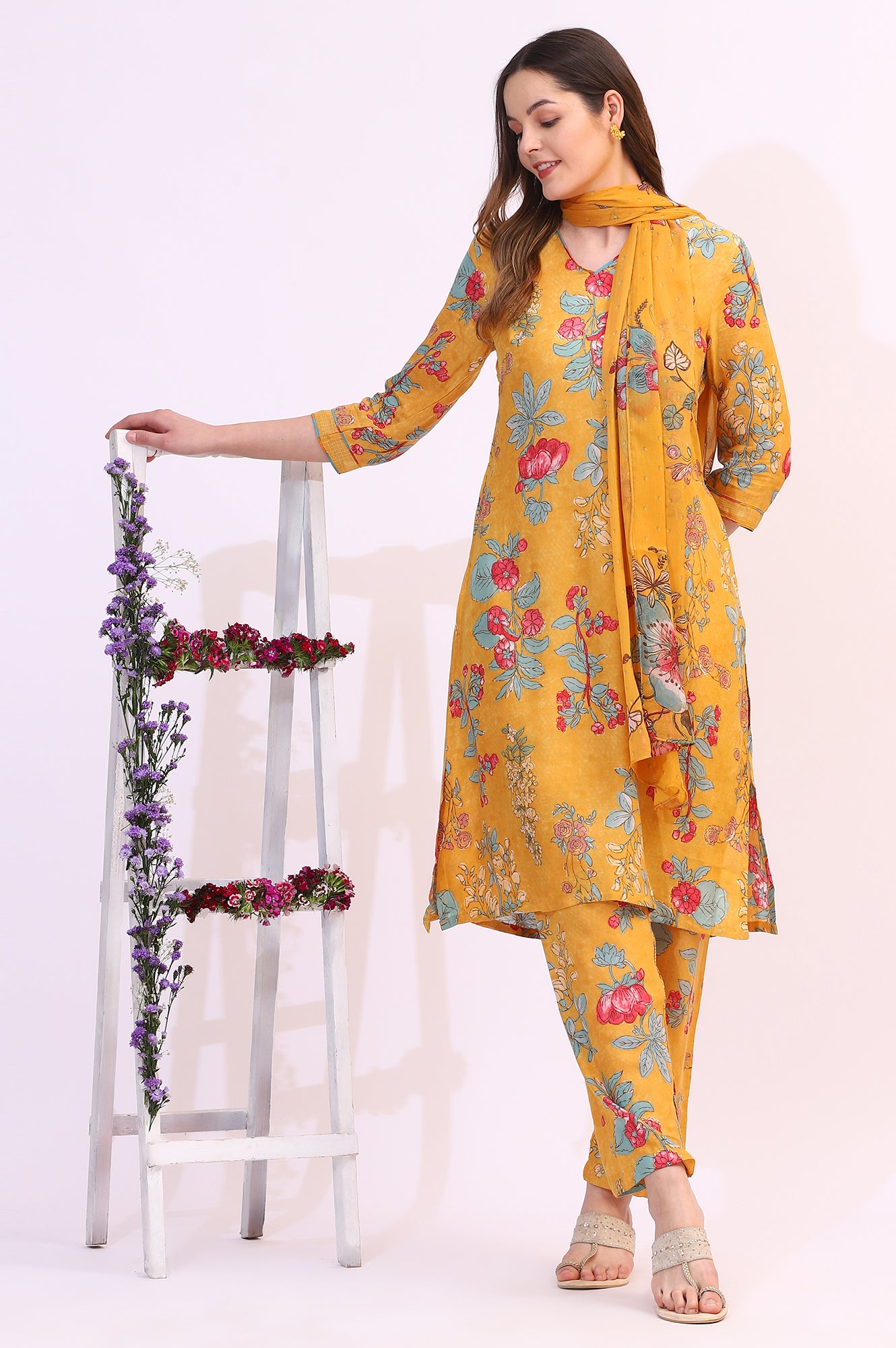 Amber Yellow Floral Printed Modal Straight Kurta, Pants and Dupatta Set