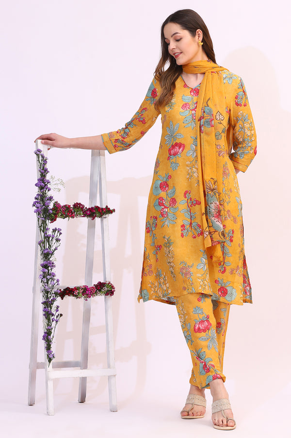 Amber Yellow Floral Printed Modal Straight Kurta, Pants and Dupatta Set