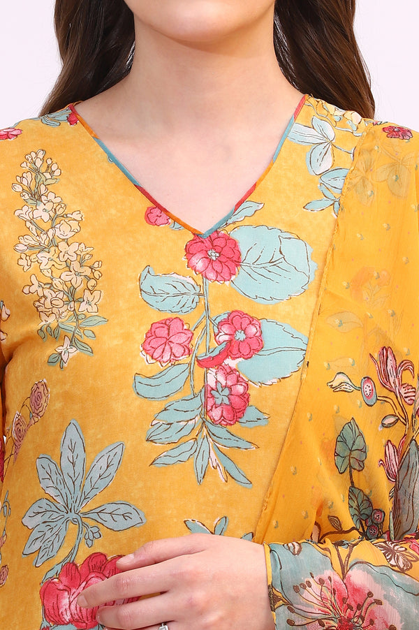 Amber Yellow Floral Printed Modal Straight Kurta, Pants and Dupatta Set