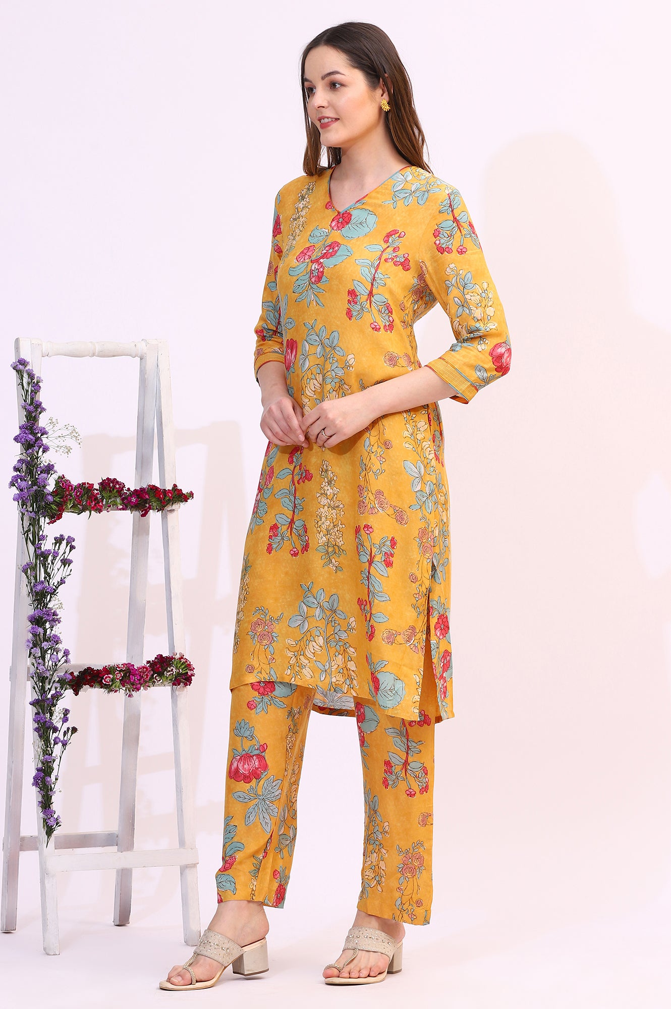 Amber Yellow Floral Printed Modal Straight Kurta, Pants and Dupatta Set