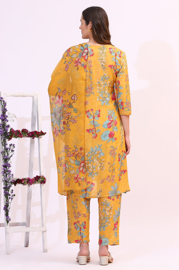 Amber Yellow Floral Printed Modal Straight Kurta, Pants and Dupatta Set