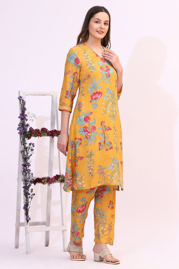 Amber Yellow Floral Printed Modal Straight Kurta, Pants and Dupatta Set
