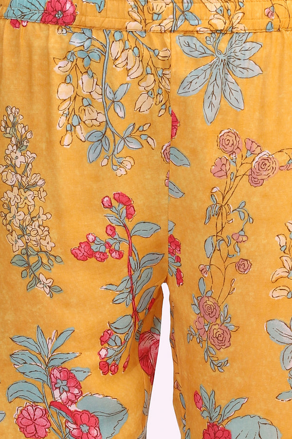 Amber Yellow Floral Printed Modal Straight Kurta, Pants and Dupatta Set