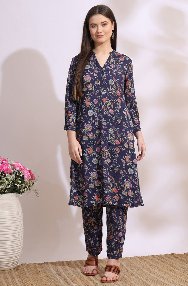 Ink Grey Floral Printed Modal A-line Kurta and Pants Co-ord Set