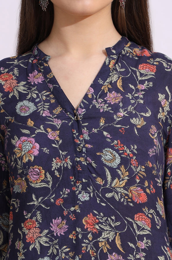 Ink Grey Floral Printed Modal A-line Kurta and Pants Co-ord Set