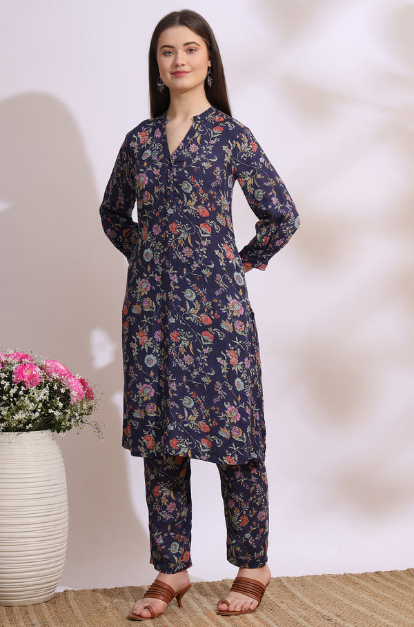 Ink Grey Floral Printed Modal A-line Kurta and Pants Co-ord Set