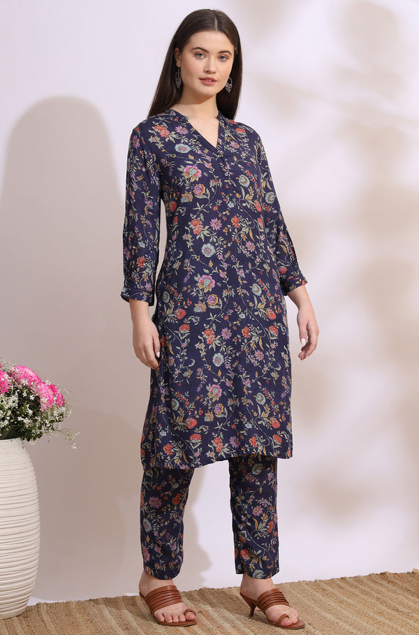 Ink Grey Floral Printed Modal A-line Kurta and Pants Co-ord Set