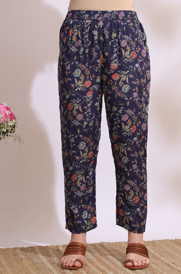 Ink Grey Floral Printed Modal A-line Kurta and Pants Co-ord Set