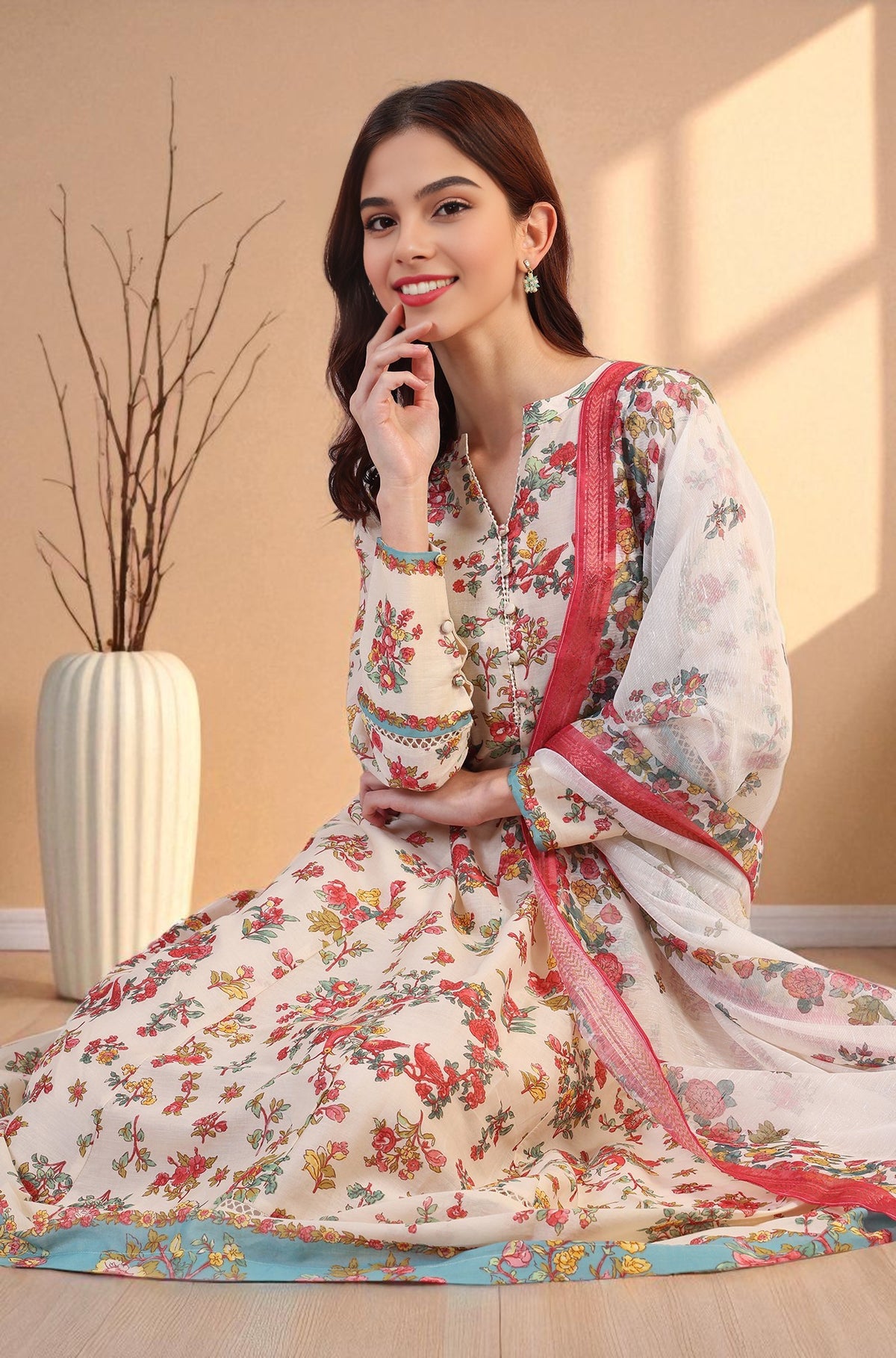 White Floral Printed Flared Pure Cotton Kurta & Straight Pant With Dupatta Set - L